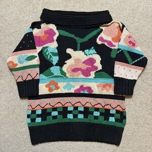Vtg Berek Sweater Womens MED Multicolor Floral Cowl Neck Hand Knit Art Uruguay